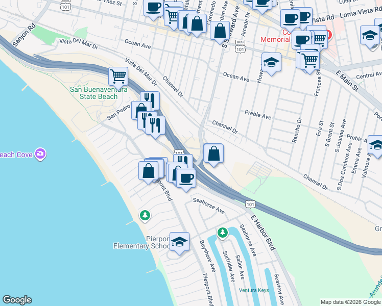 map of restaurants, bars, coffee shops, grocery stores, and more near 2300 Alessandro Drive in Ventura