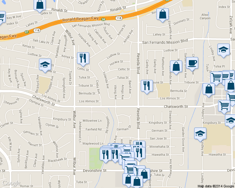 map of restaurants, bars, coffee shops, grocery stores, and more near 10740 Viking Avenue in Los Angeles