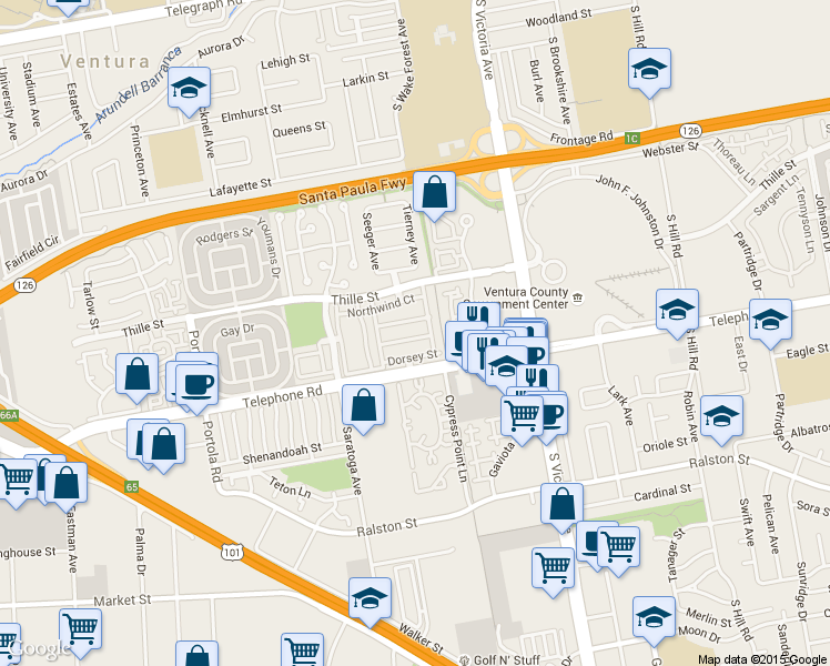 map of restaurants, bars, coffee shops, grocery stores, and more near 5603 Coltrane Street in Ventura