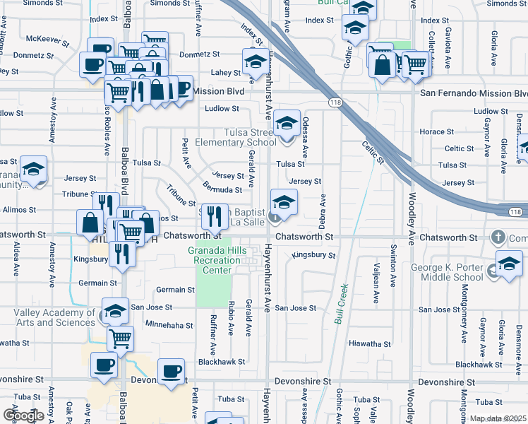 map of restaurants, bars, coffee shops, grocery stores, and more near 10739 Hayvenhurst Avenue in Los Angeles