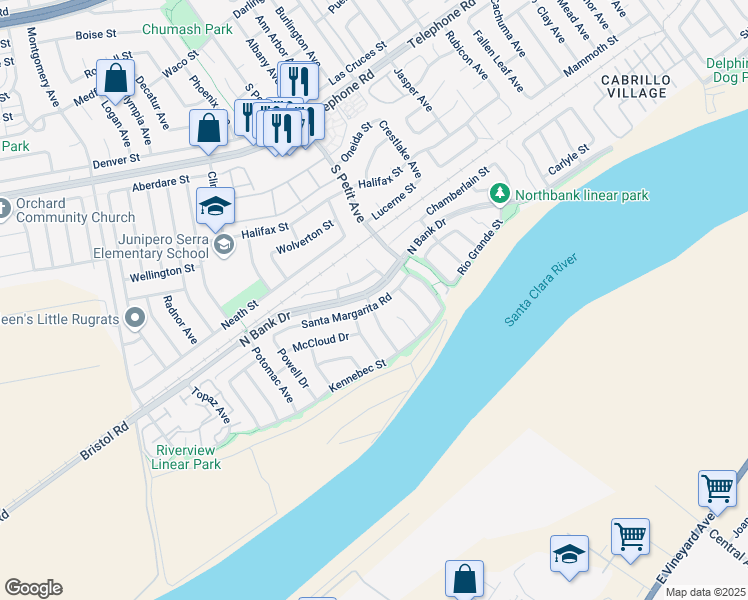 map of restaurants, bars, coffee shops, grocery stores, and more near 9325 Santa Margarita Road in Ventura
