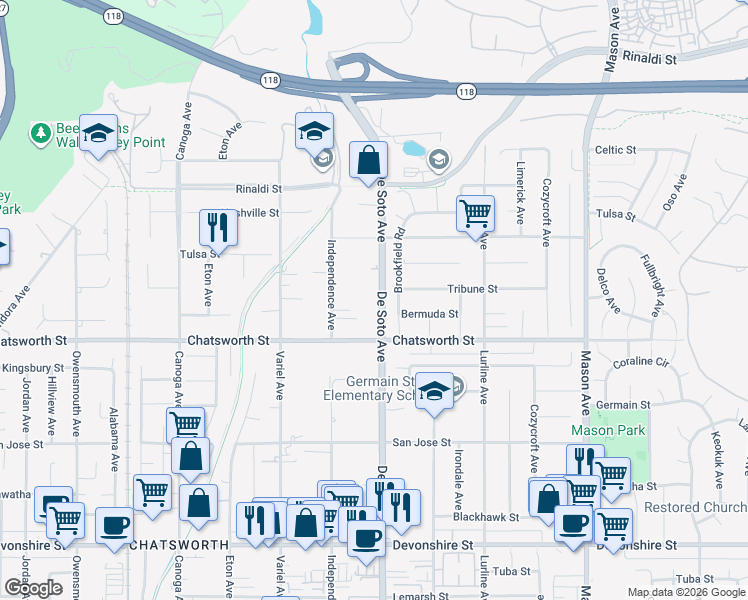 map of restaurants, bars, coffee shops, grocery stores, and more near 10745 De Soto Avenue in Los Angeles