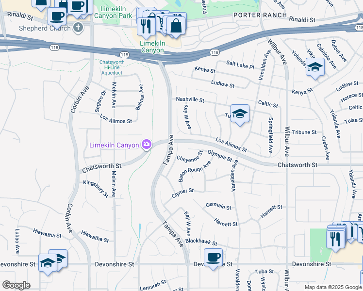 map of restaurants, bars, coffee shops, grocery stores, and more near 10788 Des Moines Avenue in Los Angeles