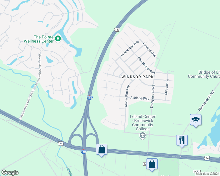 map of restaurants, bars, coffee shops, grocery stores, and more near Willow Stone Court in Leland