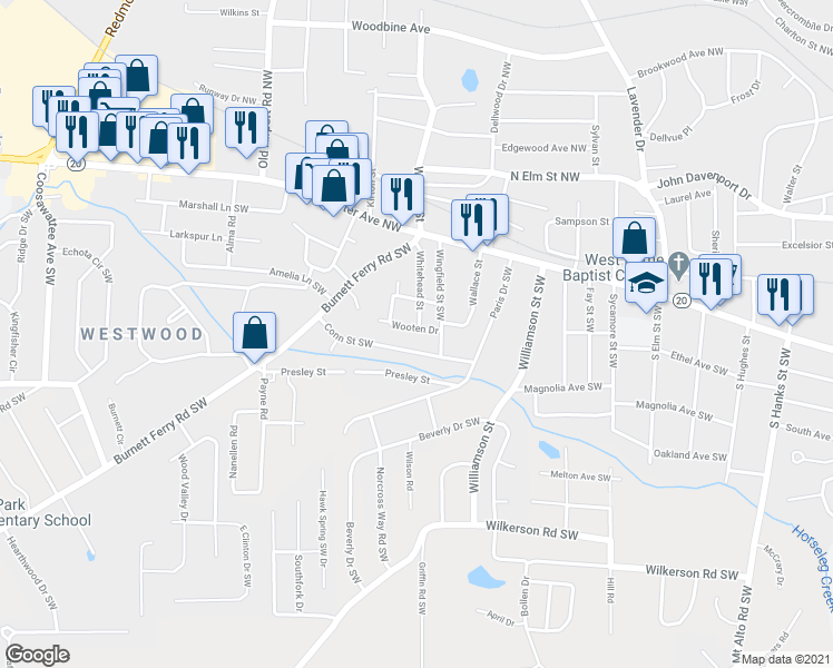 map of restaurants, bars, coffee shops, grocery stores, and more near 101 Wooten Drive in Rome