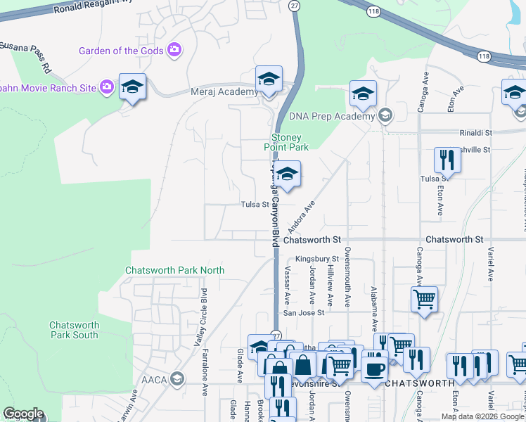 map of restaurants, bars, coffee shops, grocery stores, and more near 0 Tulsa Street in Los Angeles