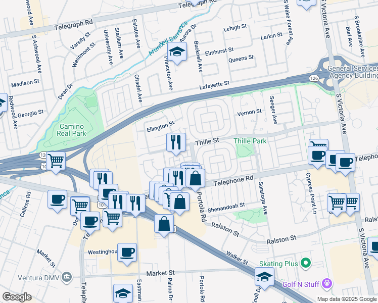 map of restaurants, bars, coffee shops, grocery stores, and more near 859 Portola Road in Ventura