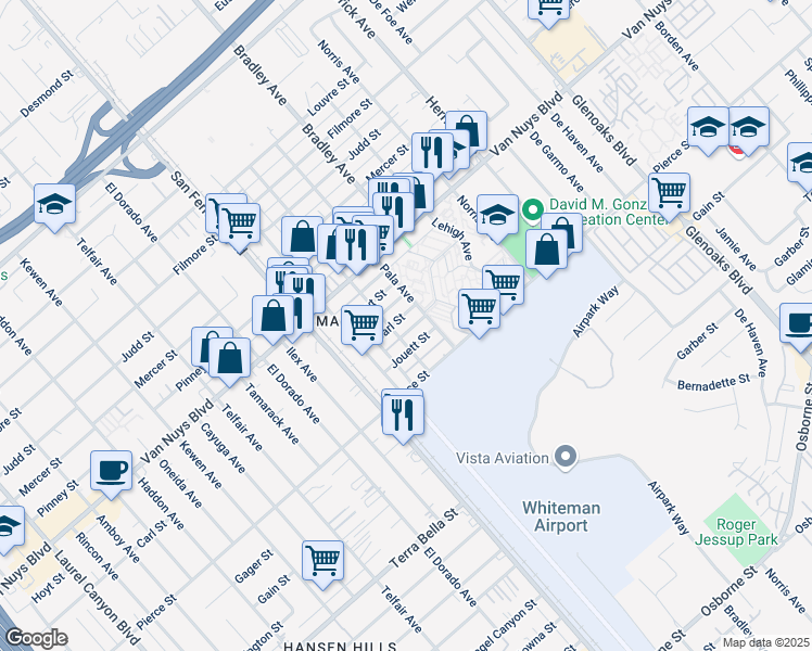 map of restaurants, bars, coffee shops, grocery stores, and more near 13045 Jouett Street in Los Angeles
