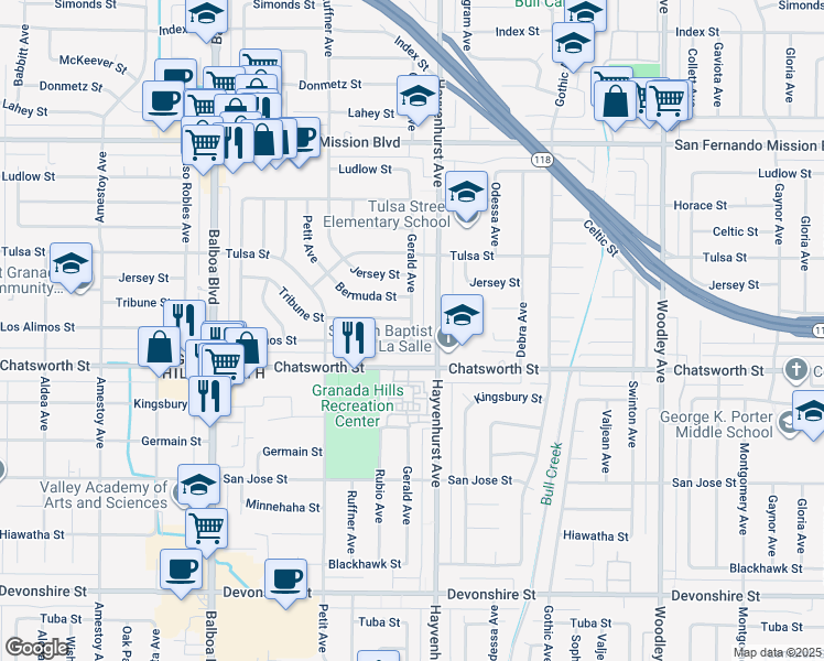 map of restaurants, bars, coffee shops, grocery stores, and more near 10739 Hayvenhurst Avenue in Los Angeles