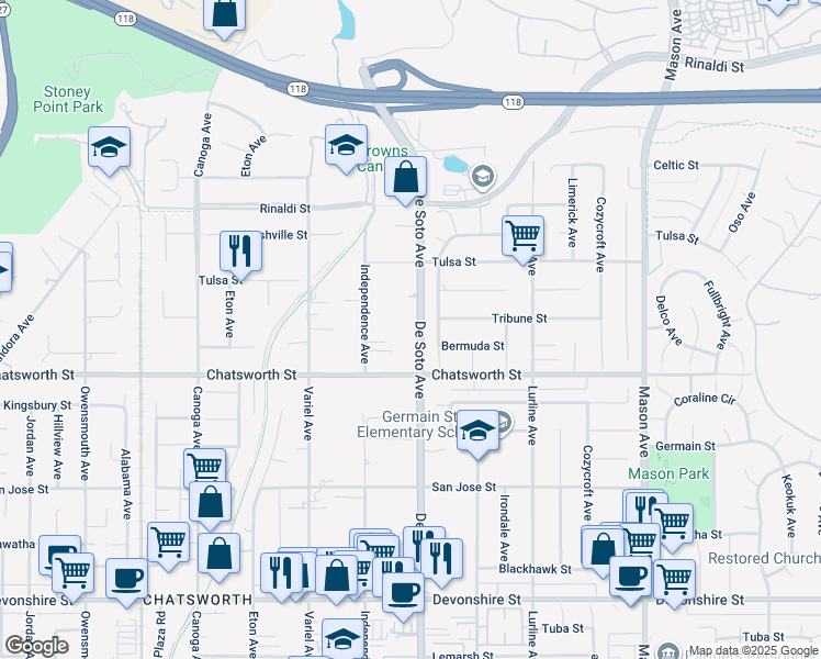 map of restaurants, bars, coffee shops, grocery stores, and more near 10745 De Soto Avenue in Los Angeles