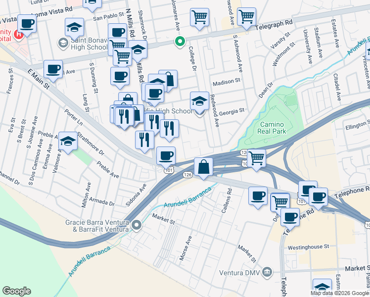 map of restaurants, bars, coffee shops, grocery stores, and more near 3700 Dean Drive in Ventura