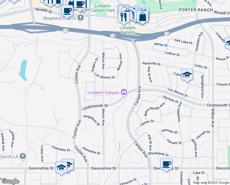map of restaurants, bars, coffee shops, grocery stores, and more near 19531 Bermuda Street in Los Angeles