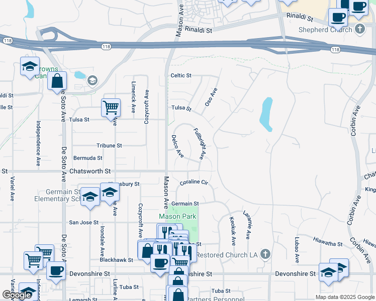 map of restaurants, bars, coffee shops, grocery stores, and more near 10727 Overman Avenue in Los Angeles