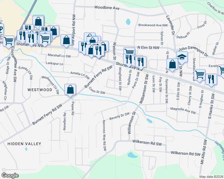 map of restaurants, bars, coffee shops, grocery stores, and more near 107 Wooten Drive in Rome