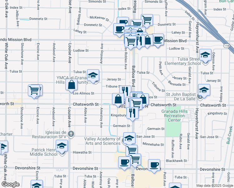 map of restaurants, bars, coffee shops, grocery stores, and more near 17066 Los Alimos Street in Los Angeles