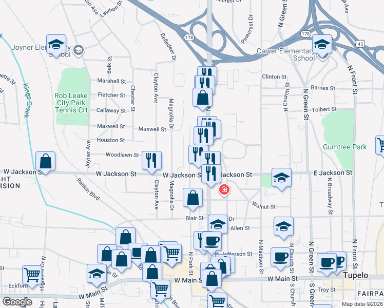 map of restaurants, bars, coffee shops, grocery stores, and more near 616 Hibner Street in Tupelo