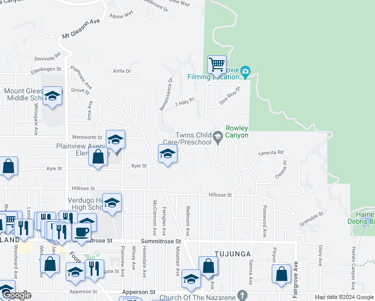 map of restaurants, bars, coffee shops, grocery stores, and more near 7335 Kyle Street in Los Angeles