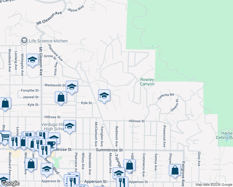 map of restaurants, bars, coffee shops, grocery stores, and more near 10828 Redmont Avenue in Los Angeles