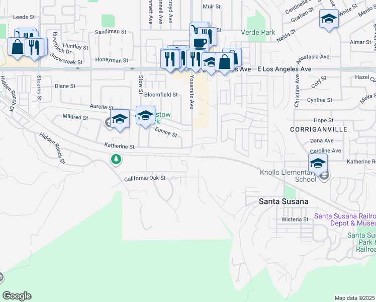 map of restaurants, bars, coffee shops, grocery stores, and more near 5794 Katherine Street in Simi Valley