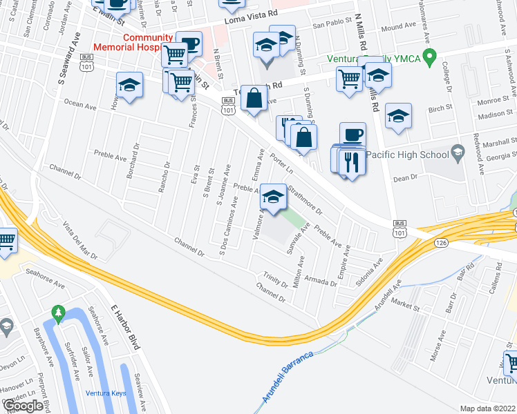 map of restaurants, bars, coffee shops, grocery stores, and more near 433 Valmore Avenue in Ventura