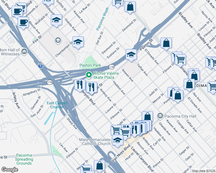 map of restaurants, bars, coffee shops, grocery stores, and more near 13881 Daventry Street in Los Angeles