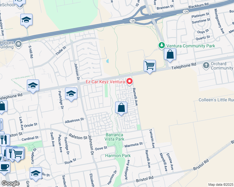 map of restaurants, bars, coffee shops, grocery stores, and more near 1259 Prairie Dog Circle in Ventura