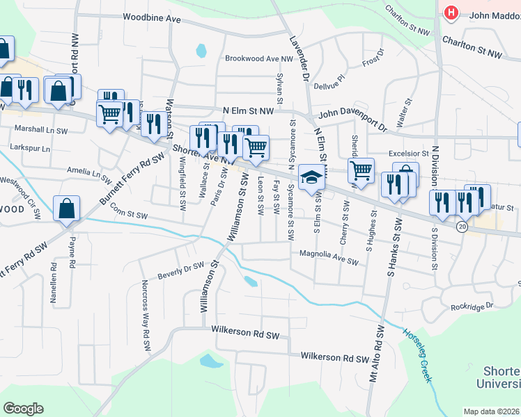 map of restaurants, bars, coffee shops, grocery stores, and more near 14 Leon Street Southwest in Rome