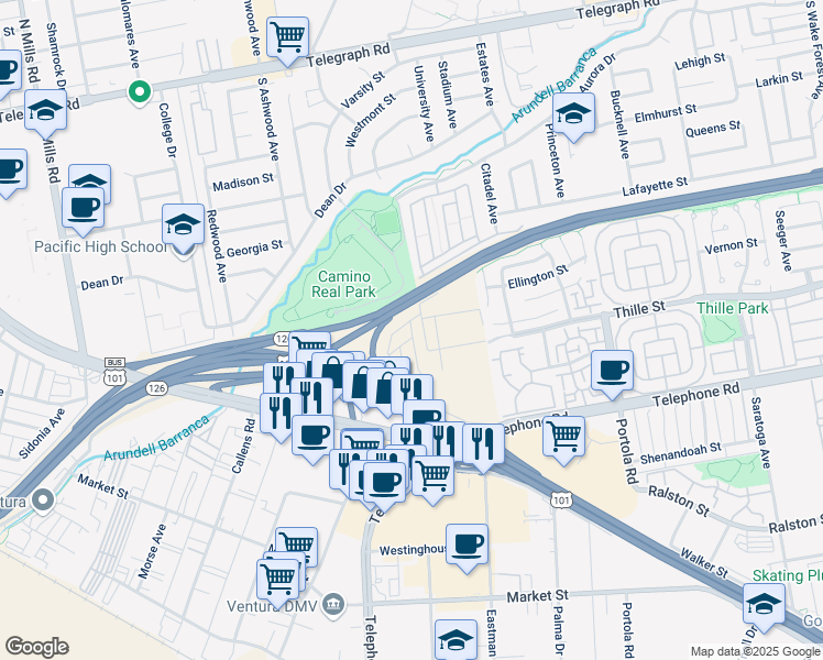 map of restaurants, bars, coffee shops, grocery stores, and more near 34 Copland Circle in Ventura