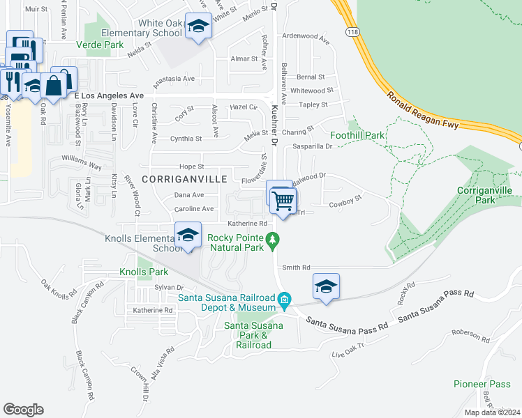 map of restaurants, bars, coffee shops, grocery stores, and more near 6525 Stoney View Lane in Simi Valley