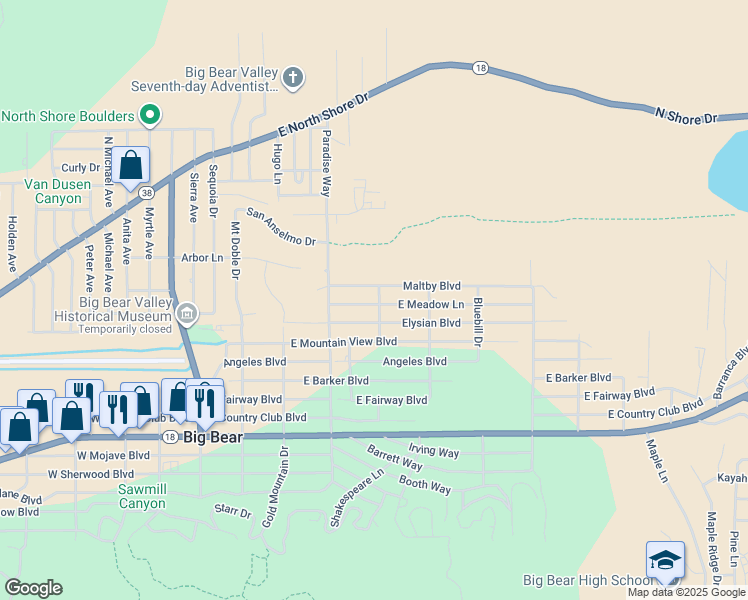 map of restaurants, bars, coffee shops, grocery stores, and more near 445 East Meadow Lane in Big Bear