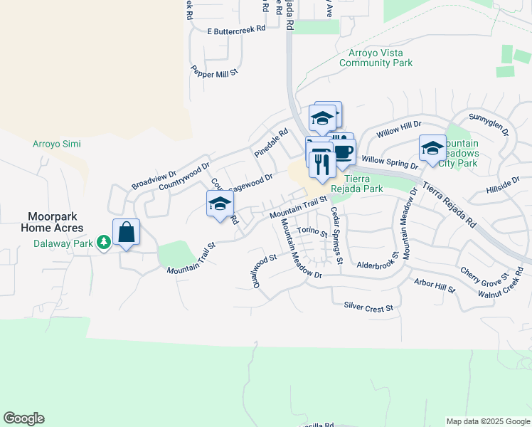 map of restaurants, bars, coffee shops, grocery stores, and more near 4146 Flowerview Court in Moorpark