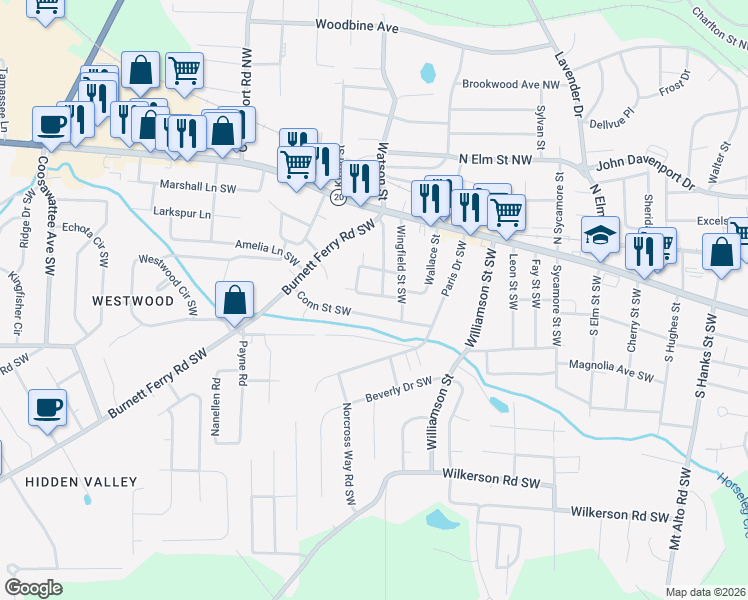map of restaurants, bars, coffee shops, grocery stores, and more near 107 Wooten Drive in Rome