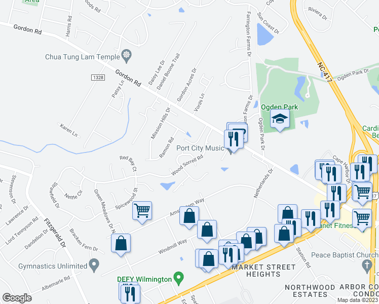 map of restaurants, bars, coffee shops, grocery stores, and more near 6621 Sunwood Circle in Wilmington