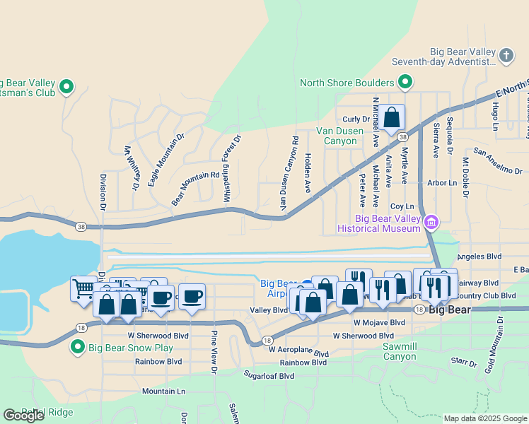 map of restaurants, bars, coffee shops, grocery stores, and more near 649 West North Shore Drive in Big Bear