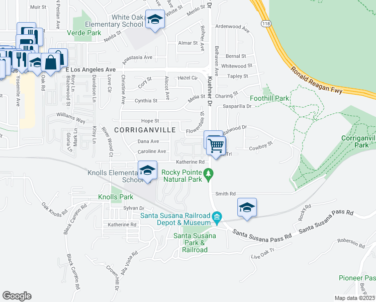 map of restaurants, bars, coffee shops, grocery stores, and more near 6491 Stoney View Lane in Simi Valley