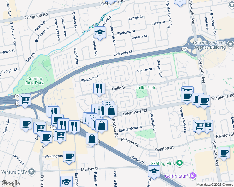 map of restaurants, bars, coffee shops, grocery stores, and more near 93 Gay Drive in Ventura
