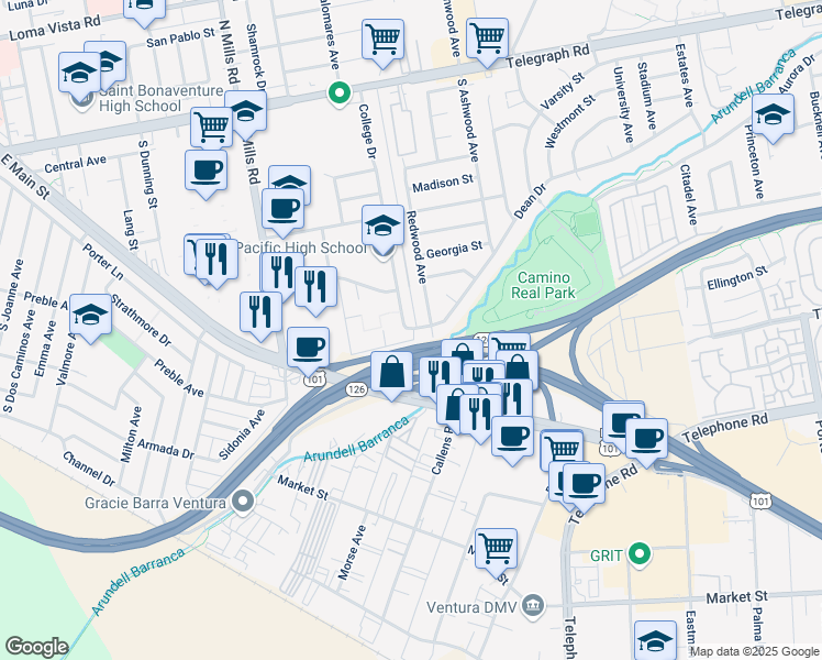 map of restaurants, bars, coffee shops, grocery stores, and more near 690 College Drive in Ventura
