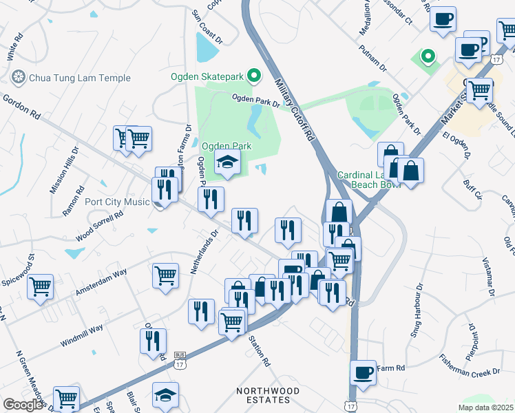 map of restaurants, bars, coffee shops, grocery stores, and more near 7109 Cape Harbor Drive in Wilmington