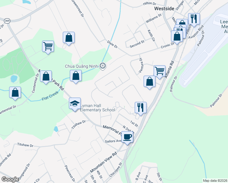 map of restaurants, bars, coffee shops, grocery stores, and more near 2420 Buena Vista Circle in Gainesville