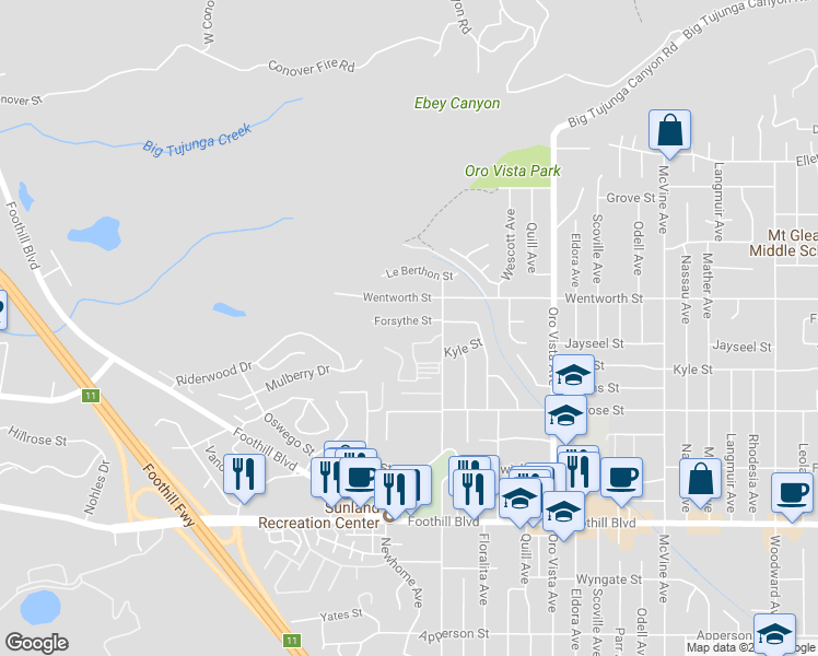 map of restaurants, bars, coffee shops, grocery stores, and more near 8638 Forsythe Street in Los Angeles