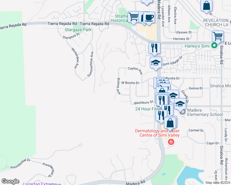 map of restaurants, bars, coffee shops, grocery stores, and more near 1513 Branch Avenue in Simi Valley