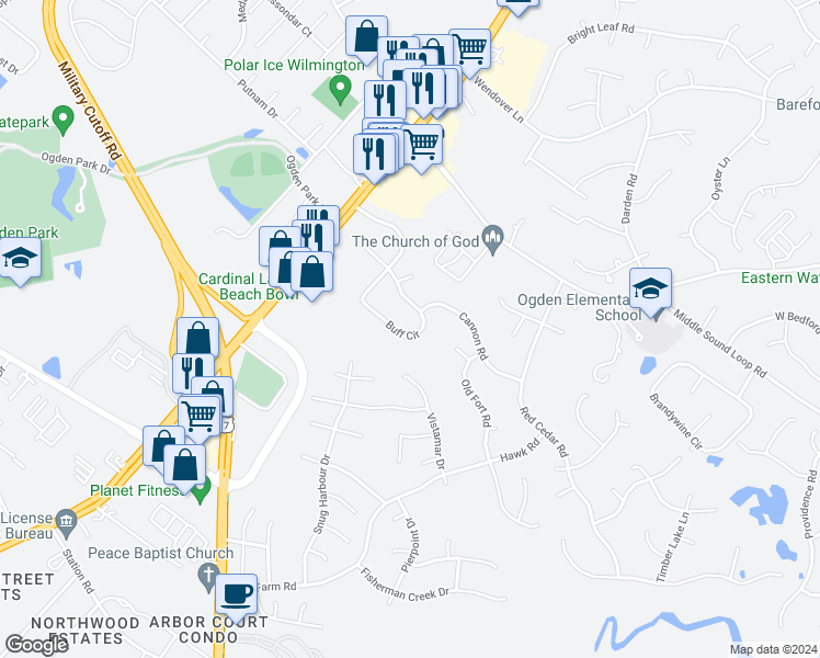 map of restaurants, bars, coffee shops, grocery stores, and more near 240 Buff Circle in Wilmington
