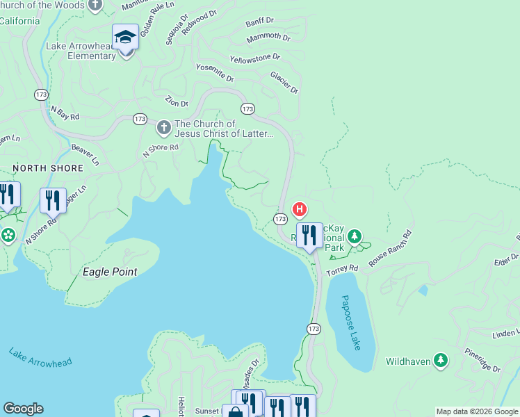 map of restaurants, bars, coffee shops, grocery stores, and more near 28991 North Shore Road in Lake Arrowhead
