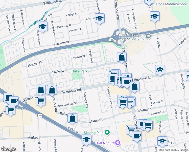 map of restaurants, bars, coffee shops, grocery stores, and more near 5518 Brubeck Street in Ventura