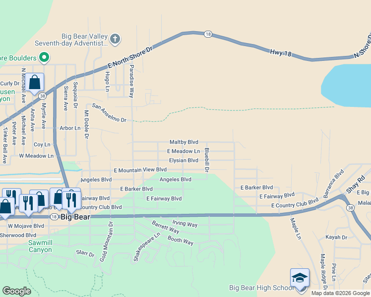 map of restaurants, bars, coffee shops, grocery stores, and more near 617 East Meadow Lane in Big Bear