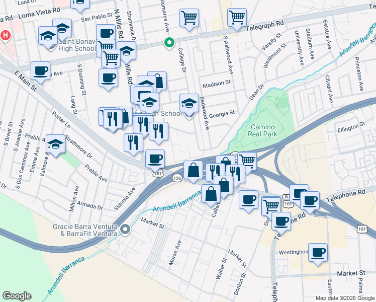 map of restaurants, bars, coffee shops, grocery stores, and more near 3700 Dean Drive in Ventura