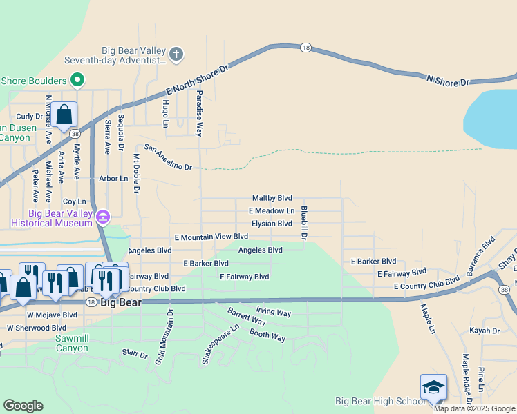 map of restaurants, bars, coffee shops, grocery stores, and more near 533 East Meadow Lane in Big Bear