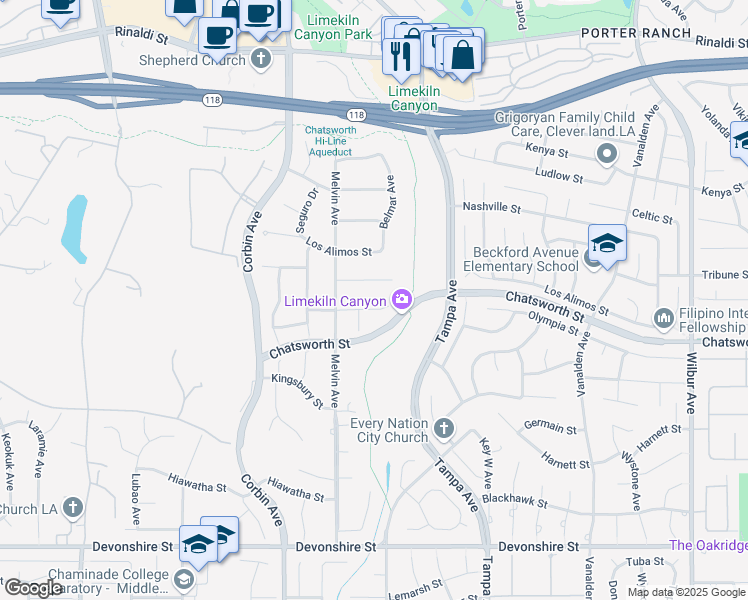 map of restaurants, bars, coffee shops, grocery stores, and more near 19531 Bermuda Street in Los Angeles