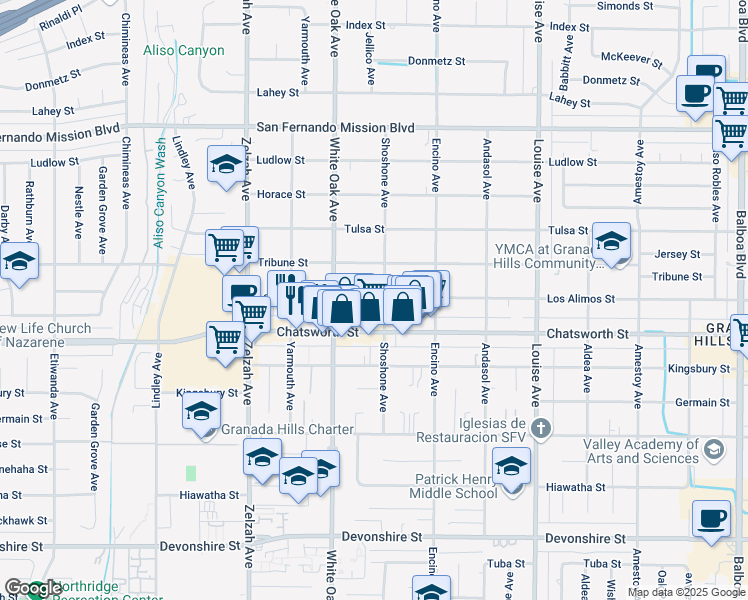 map of restaurants, bars, coffee shops, grocery stores, and more near 17612 Los Alimos Street in Los Angeles