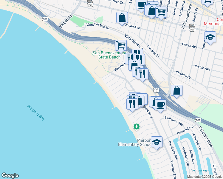 map of restaurants, bars, coffee shops, grocery stores, and more near 1087 Brockton Lane in Ventura